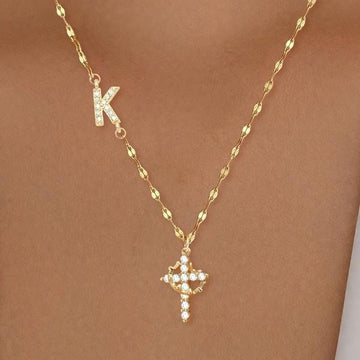 Geometric Zircon-Inlaid Cross Necklace Design