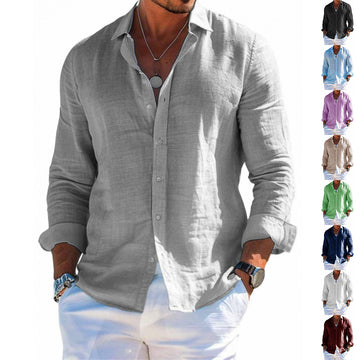 Men's Long Sleeve Shirt Casual Loose Lapel Button Top Solid Color Plus Size Blouse Clothing
