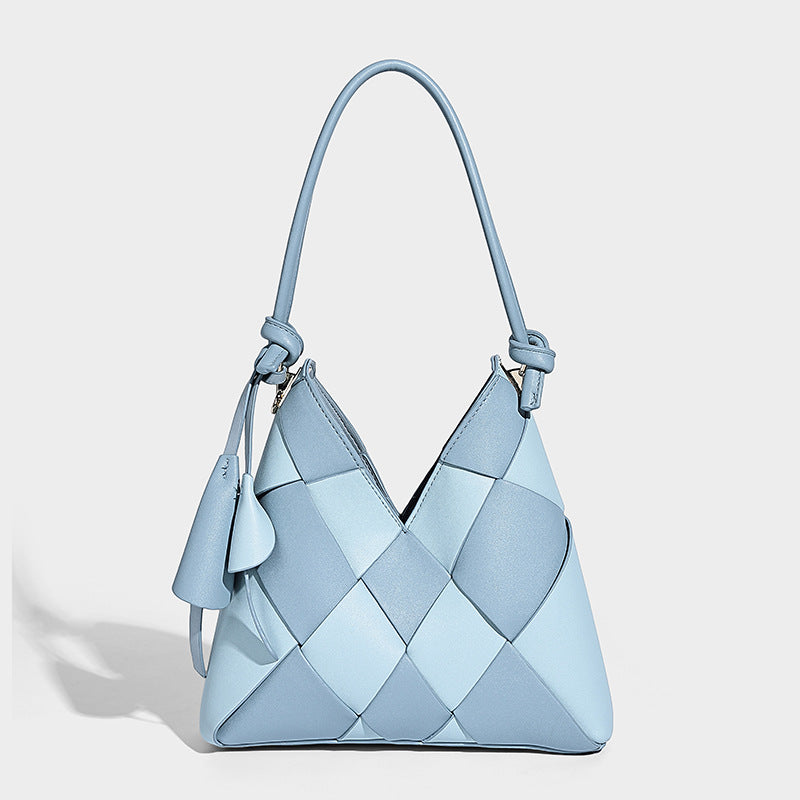 Niche Woven Patchwork Bag With A Large Capacity Perfect For Commuting Bucket-style Design