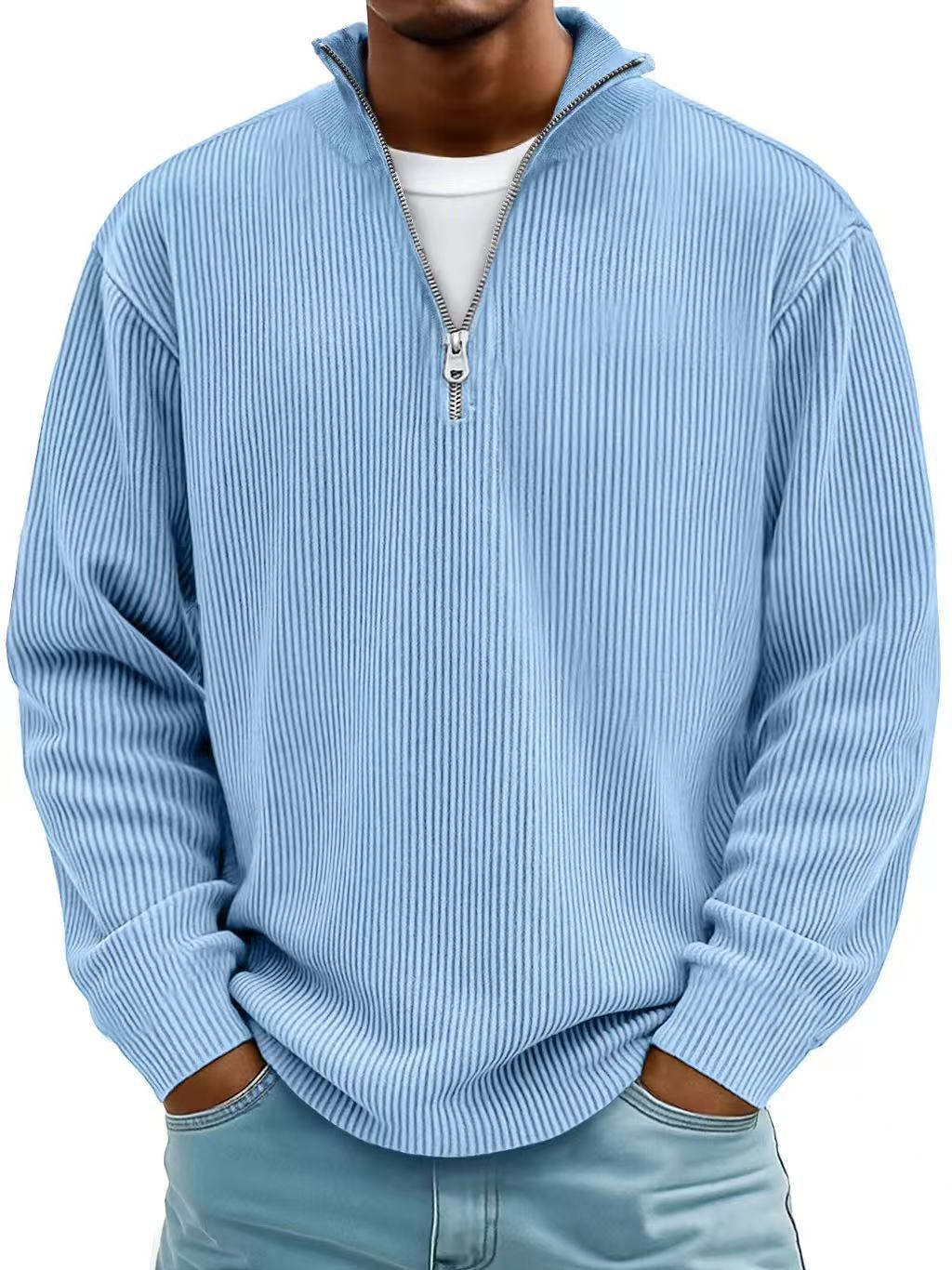 Corduroy Zipper Stand Collar Sweatshirt Fashion Warm Solid Color Long Sleeve Top Men's Casual Polo Shirt Clothing