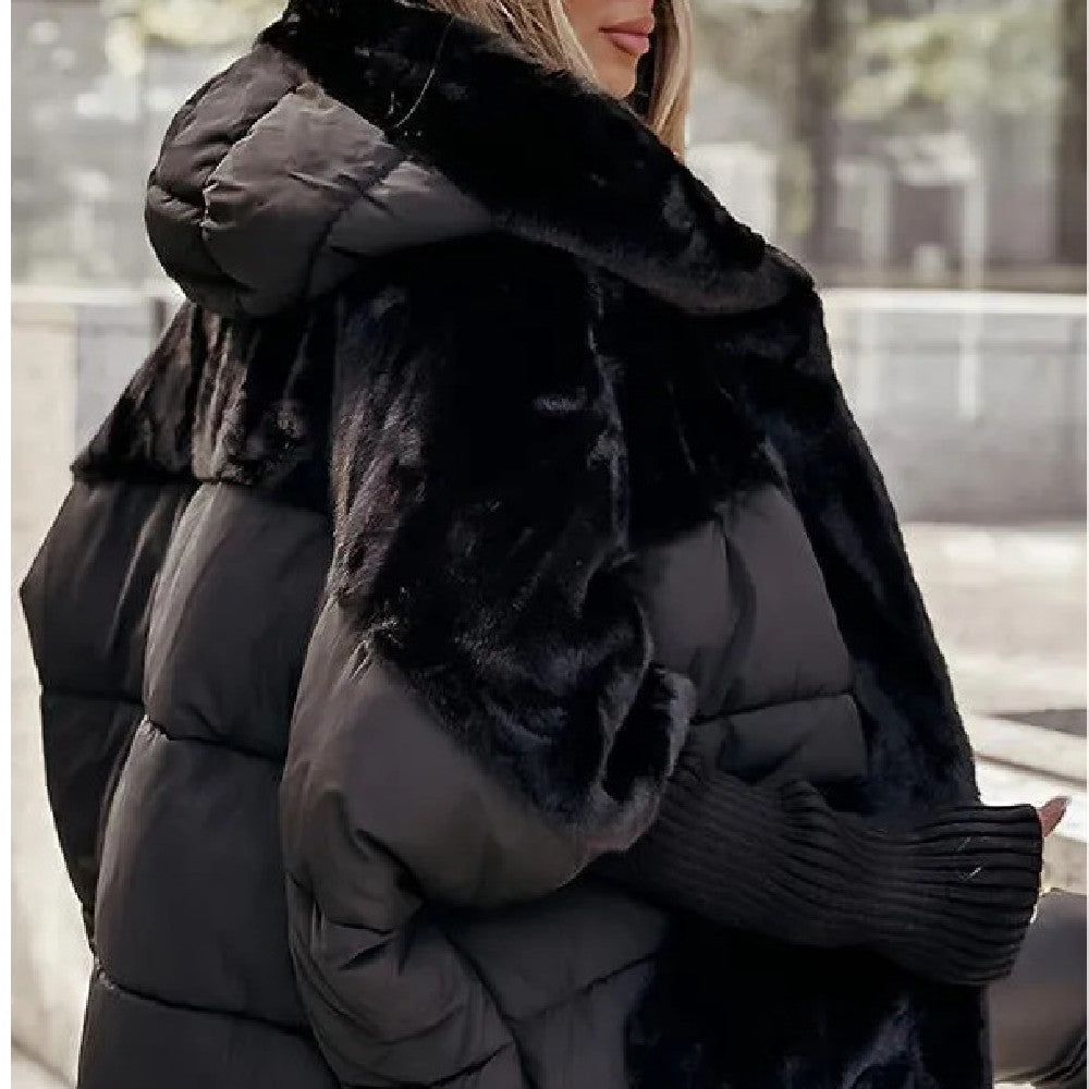 Women's Loose Cotton Coat Faux Fur Patchwork Winter Coat Comfort Chic Long Sleeve Hooded Jacket