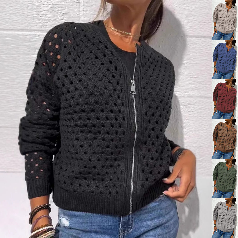 Fashion Hollow Knitted Jacket Zip-up Long-sleeved Tops Women's Clothing
