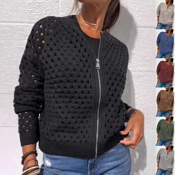 Fashion Hollow Knitted Jacket Zip-up Long-sleeved Tops Women's Clothing