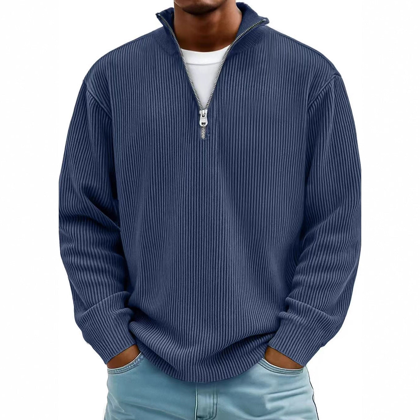 Corduroy Zipper Stand Collar Sweatshirt Fashion Warm Solid Color Long Sleeve Top Men's Casual Polo Shirt Clothing