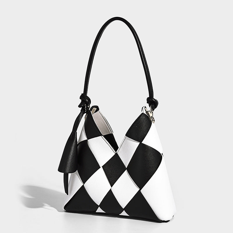 Niche Woven Patchwork Bag With A Large Capacity Perfect For Commuting Bucket-style Design