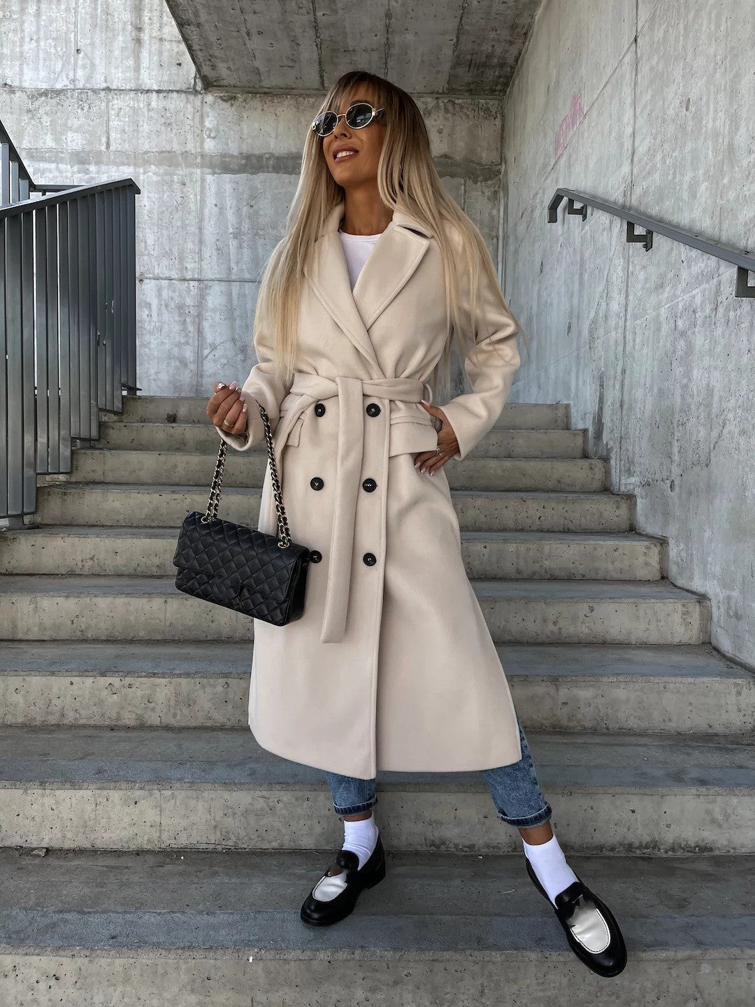 Double-breasted Lapel Split Jacket With Belt Winter Fashion Casual Long Sleeve Button Daily Coats For Women Clothing