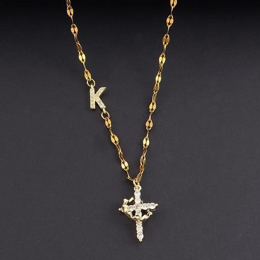 Geometric Zircon-Inlaid Cross Necklace Design